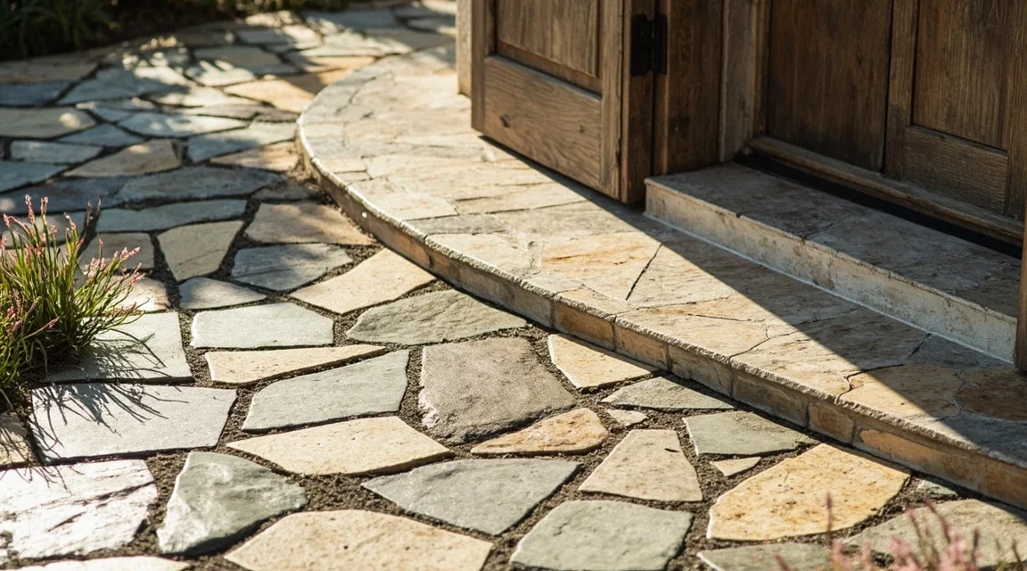 Kamienny dywan na taras: układ warstw i spadek 1–2% + detale przy drzwiach tarasowych