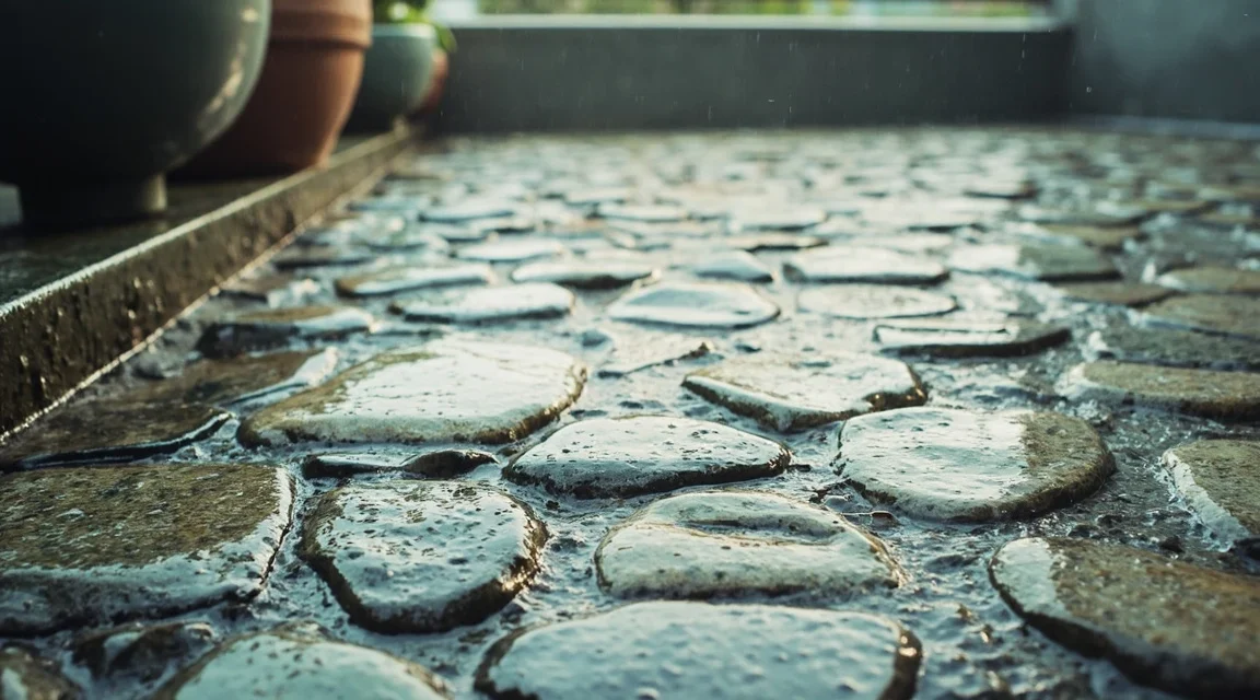 Czy kamienny dywan przepuszcza wodę? Drenaż, kałuże i co to oznacza dla balkonu/tarasu