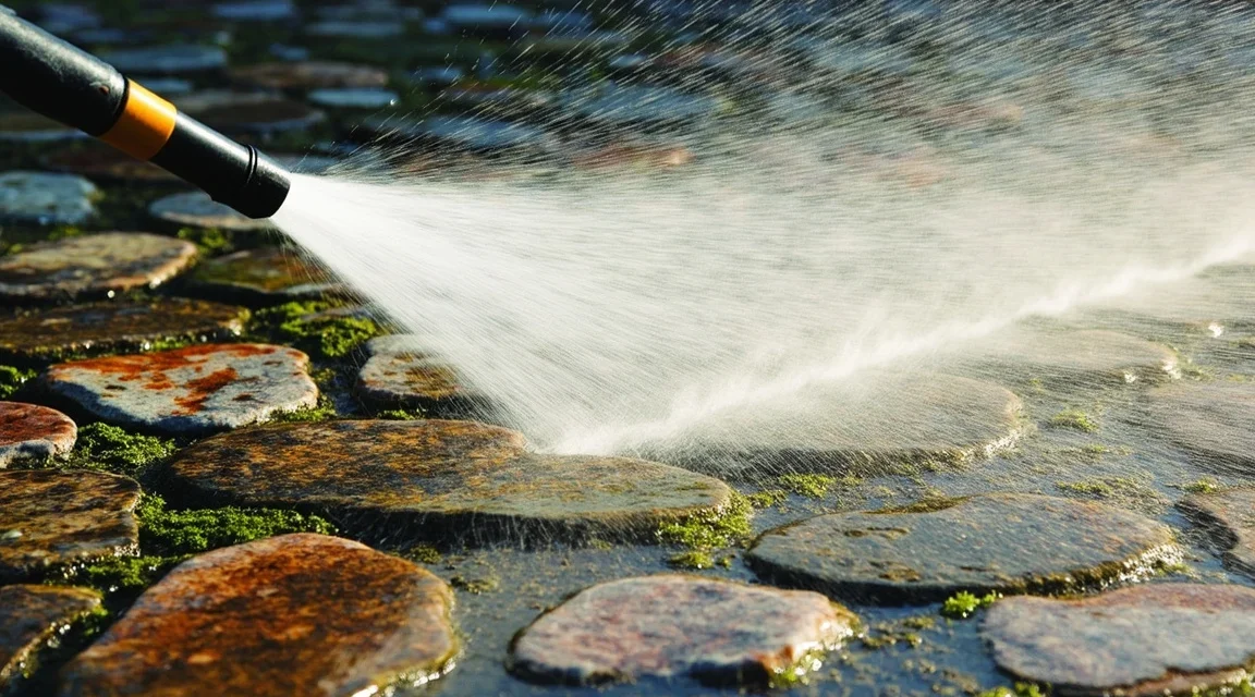 Czyszczenie kamiennego dywanu: myjka ciśnieniowa, glony, mech — bez wyrywania kruszywa